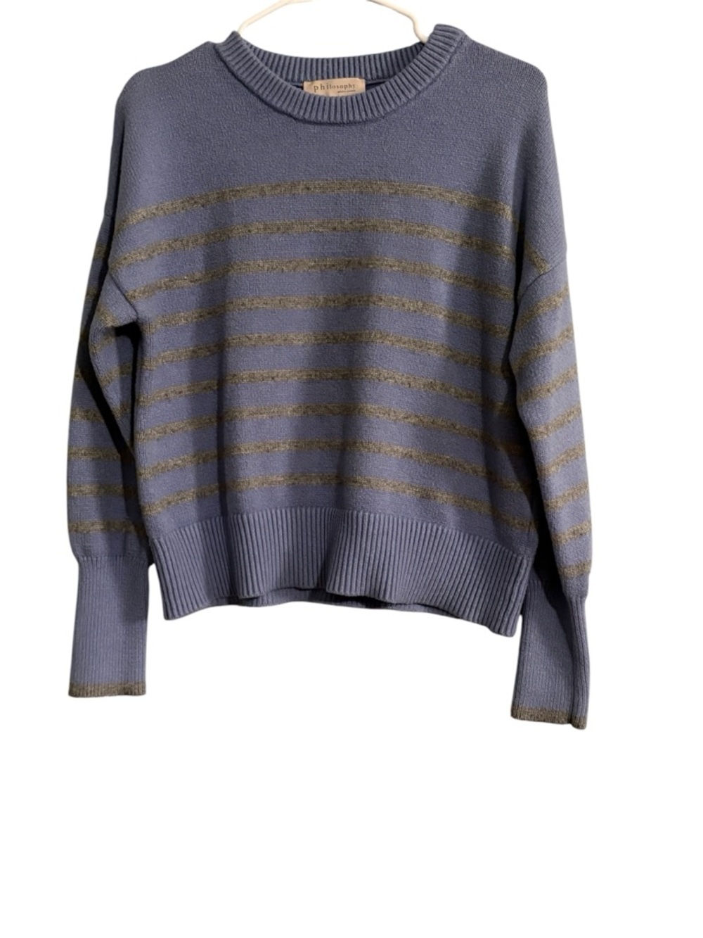 Philosophy blue  Crewneck Sweater with Metallic Gold Stripes